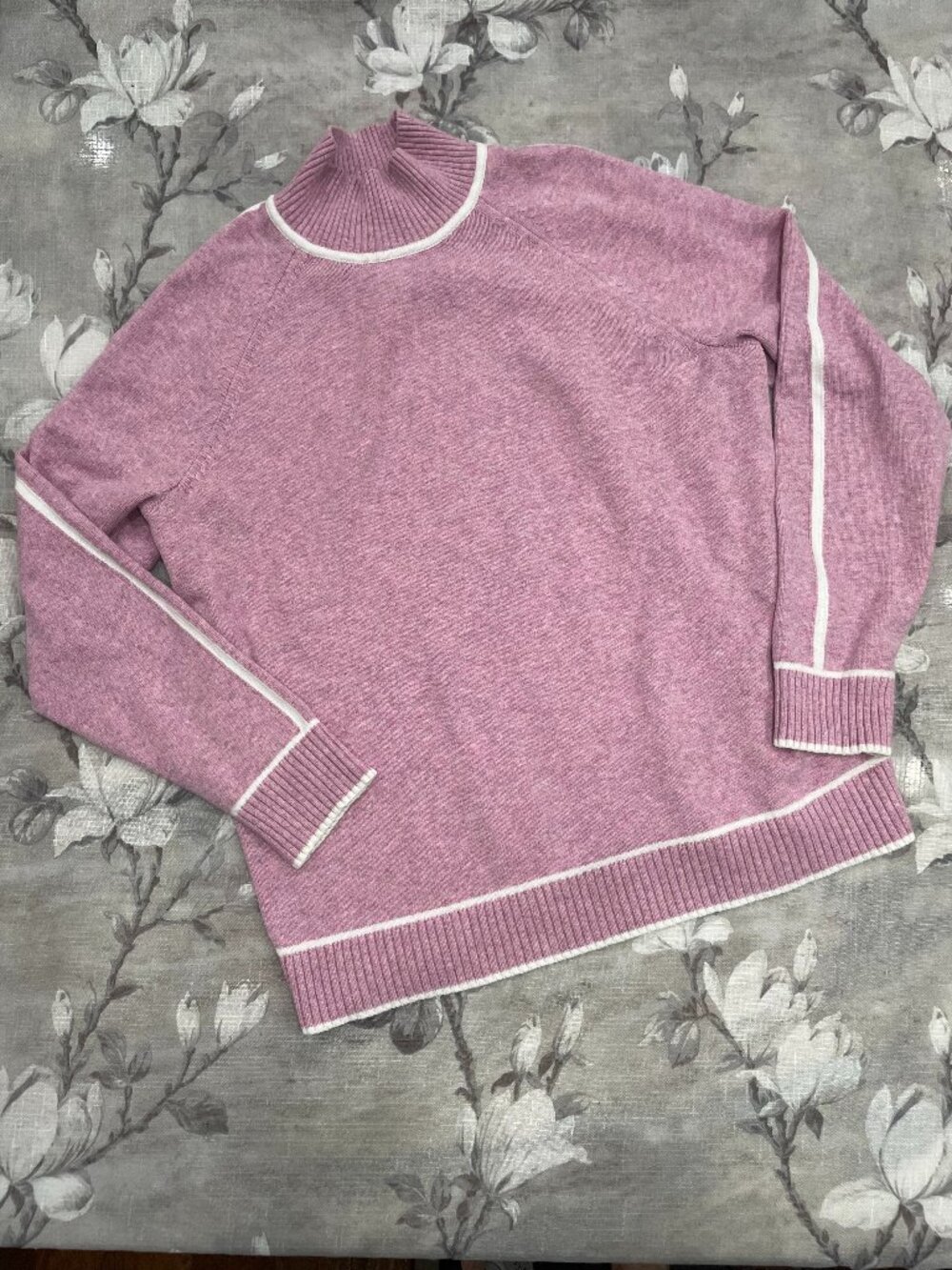 Womens Pink Mock Neck Sweater Medium Cozy Soft Stripe Sleeve Detail